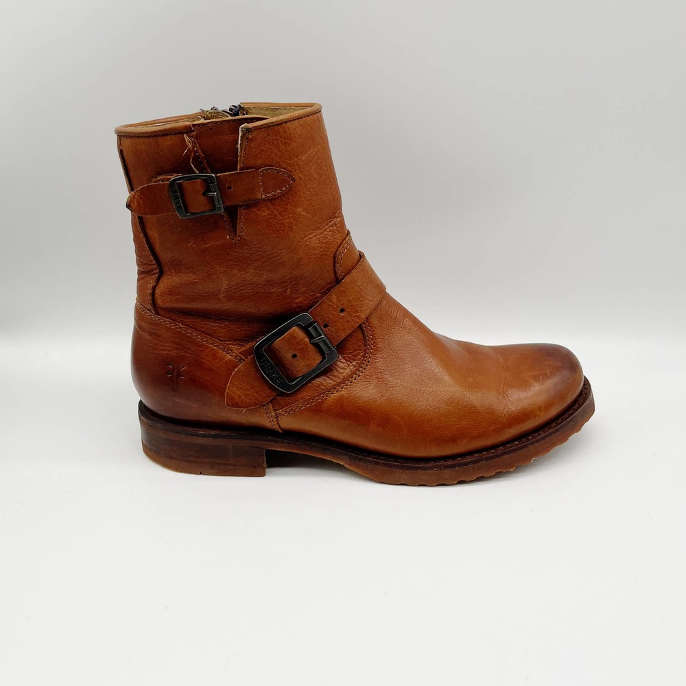 Frye Veronica Short Belted Cognac Leather Moto Boots